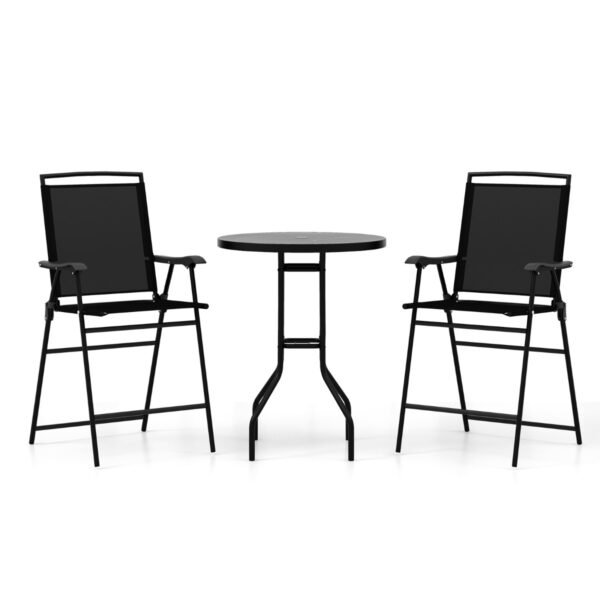 Conjunto de mesa bistrô com 2 cadeiras dobráveis ​​e orifício para guarda-sol, composto por 3 banquetas para área externa, ideal para varanda.