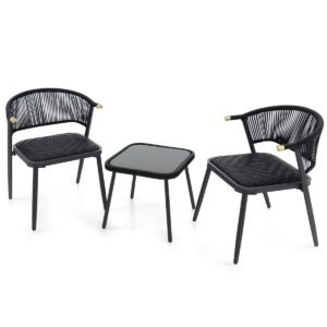 Conjunto de 3 peças de móveis de vime para exterior com mesa de centro de vidro temperado - Preto