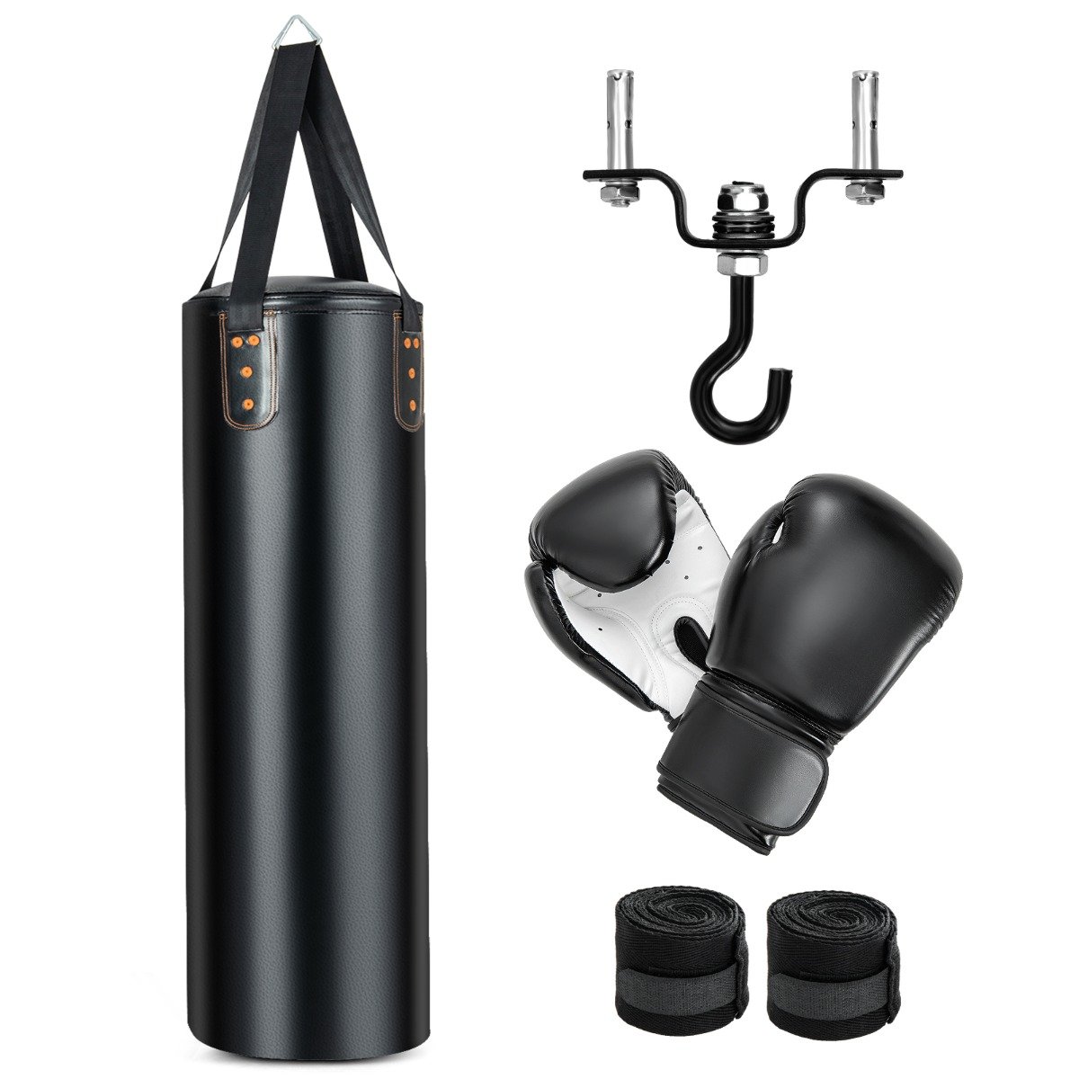 Conjunto de saco de pancada suspenso 4 em 1 com luvas de boxe e gancho para teto.
