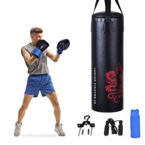 Conjunto de boxe com 5 peças, 18 kg de peso total, incluindo corda de pular e luvas.