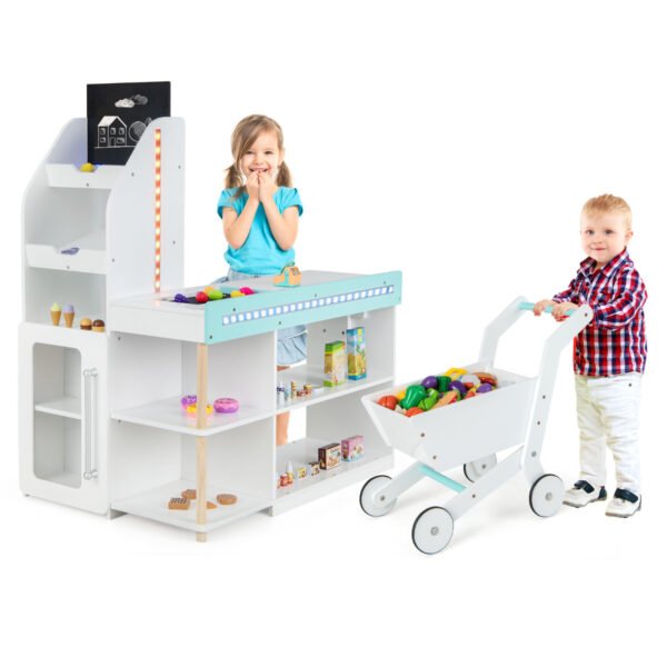 Supermercado de madeira infantil com caixa registradora e carrinho de compras - Branco