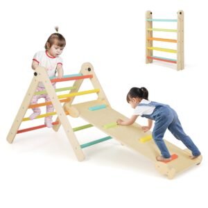 Brinquedo de escalada triangular 3 em 1 com triângulo Pikler e rampa deslizante - Multicolorido