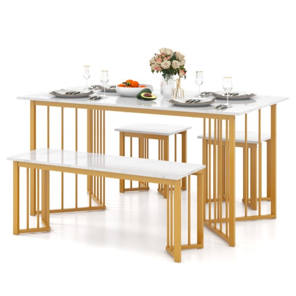 Conjunto de jantar de 4 peças com 2 cadeiras, mesa e banco. Conjunto de mesa de jantar moderna em mármore branco e dourado.