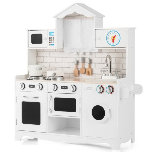 Cozinha infantil de madeira com máquina de lavar roupa