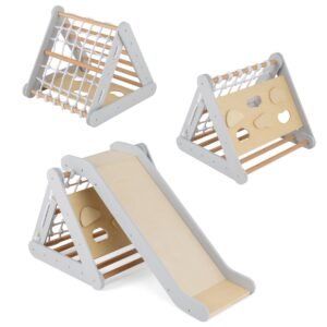 Triângulo de escalada 4 em 1 com escorregador, estrutura de madeira para escalada, 62,5 x 64 x 57,5 ​​cm, cinza