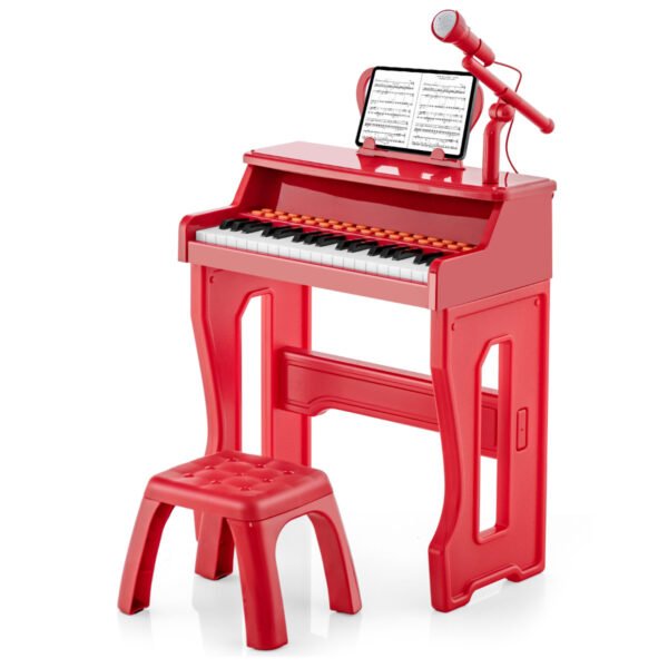 Piano musical infantil com 37 teclas, microfone e suporte de partitura removível - Vermelho