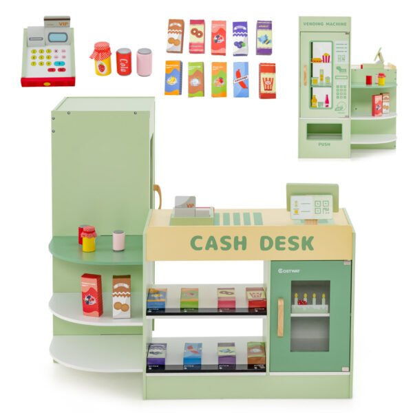 Conjunto de brinquedo de supermercado de madeira para crianças com caixa registradora - Verde