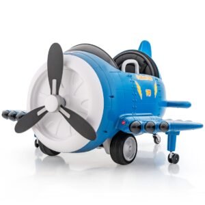 Carrinho elétrico infantil com design de avião. Avião elétrico infantil com controle remoto. Azul.