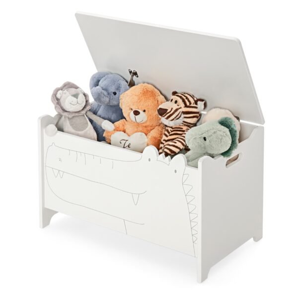 Baú de brinquedos infantil branco com dobradiça de segurança, em madeira.