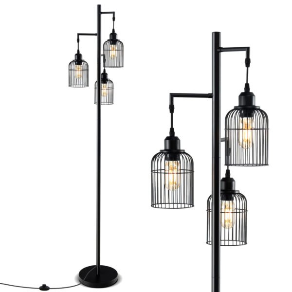 Luminária de chão moderna de 169 cm, estilo industrial, com 3 cúpulas, interruptor de pé, 25 x 169 cm, preta.