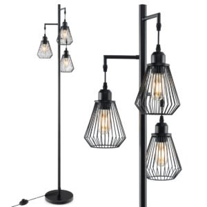 Luminária de chão moderna de estilo industrial, 169 cm, com 3 cúpulas de 25 x 168 cm, preta.
