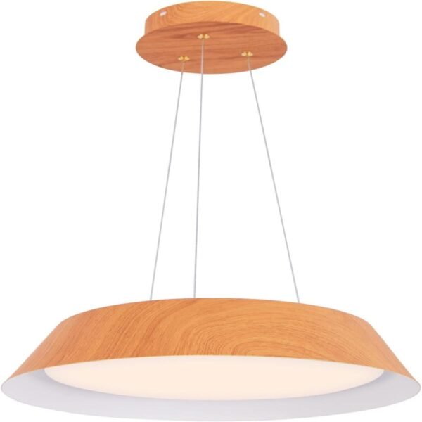 Luminária de teto LED de 21W, econômica, com estrutura metálica imitando madeira, cor natural.
