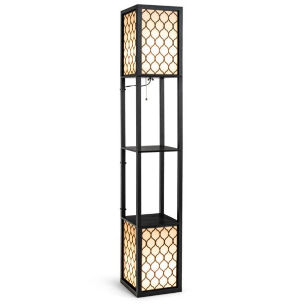 Luminária de chão Regal com duas luminárias, prateleira de madeira e cúpula branca, 26 x 26 x 156 cm