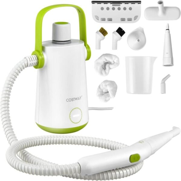 Limpador a vapor multifuncional portátil com 1000 W de potência e cor verde.