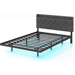 Cama suspensa com luzes LED, cama plataforma moderna com cabeceira estofada ajustável, 200*140*100cm, cinza.