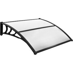 Cobertura de 102 x 99 cm para porta de entrada, feita de alumínio e policarbonato transparente.