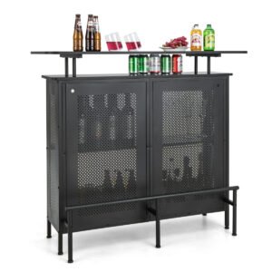 Mesa de bar de 4 níveis com 6 suportes para copos e apoio para os pés em metal - Preta