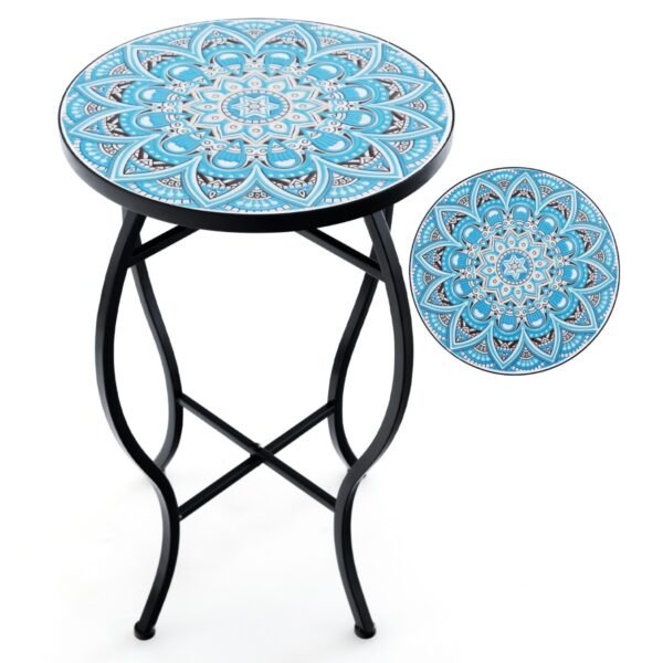 Mesa de apoio redonda de 35 cm para área externa com tampo de cerâmica.