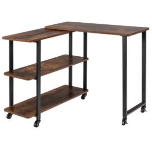 Mesa lateral giratória 360° para sofá com prateleiras de armazenamento e rodízios - marrom rústico