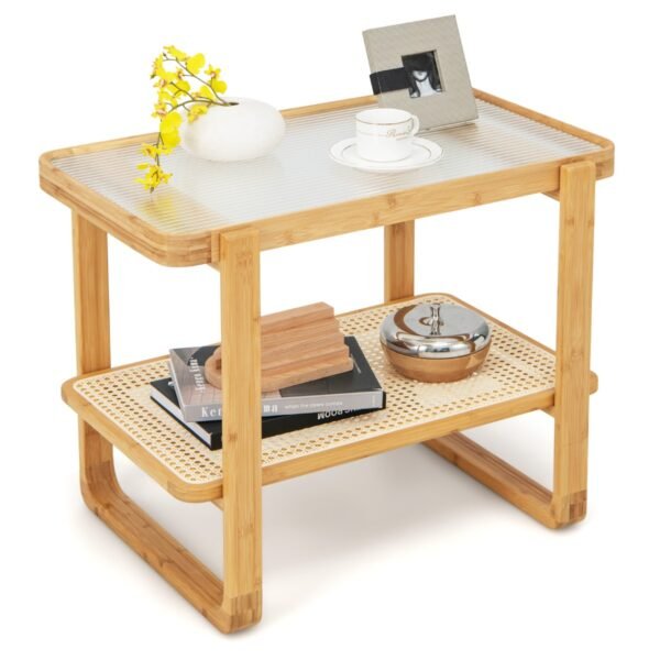 Mesa lateral de bambu de 2 níveis com tampo de vidro - Natural