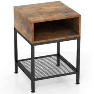 Mesa de apoio quadrada de 3 níveis com cubo de armazenamento e prateleira de malha - Marrom