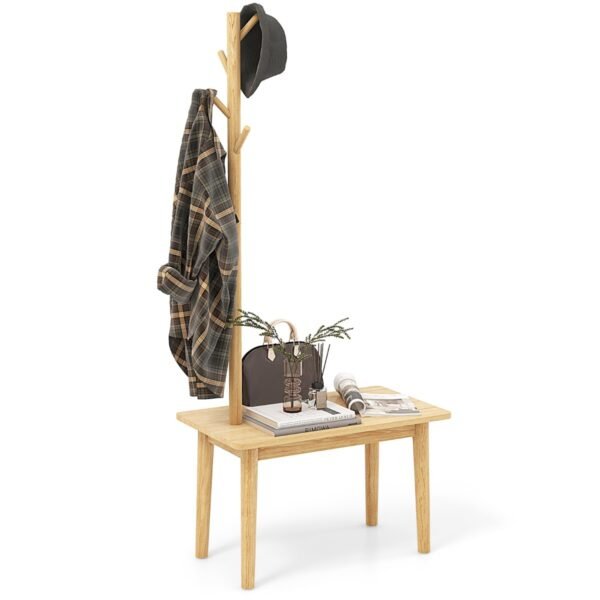 Mesa de apoio com cabideiro, em madeira maciça, com mesa lateral 2 em 1 - Cor natural