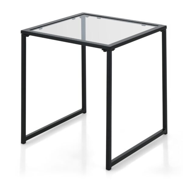 Mesa lateral de vidro temperado com estrutura metálica para uso interno e externo.