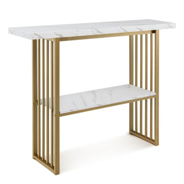 Mesa de centro branca com tampo em imitação de mármore para sala de estar.