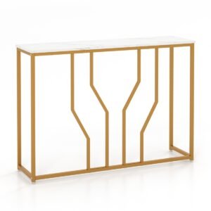 Mesa de console dourada de 110 cm para hall de entrada com tampo em imitação de mármore - Branco e Dourado