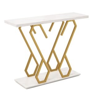 Mesa de console com acabamento em imitação de mármore e pés ajustáveis ​​- Branca