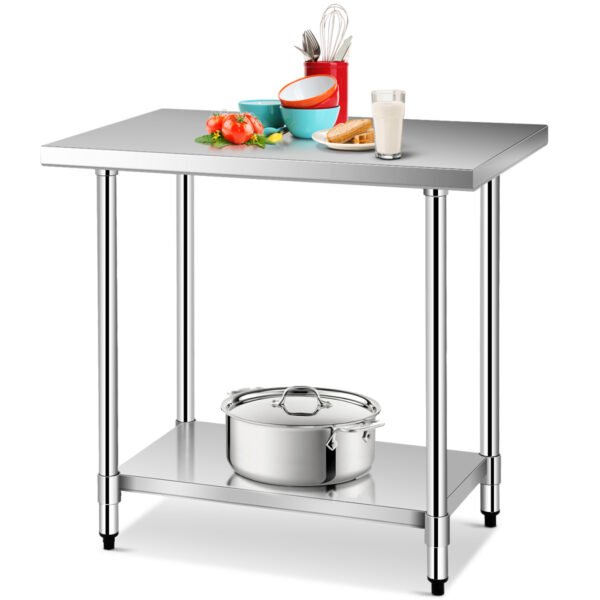 Mesa de cozinha em aço inoxidável, mesa de trabalho gastronômica com prateleira intermediária, 92x61x90cm