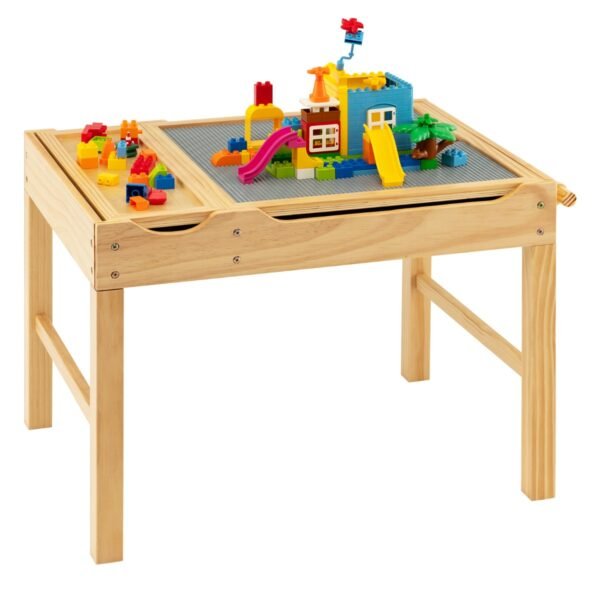 Mesa de Atividades Multiuso Infantil em Madeira com Blocos de Montar e Armazenamento para Papel - Cor Natural