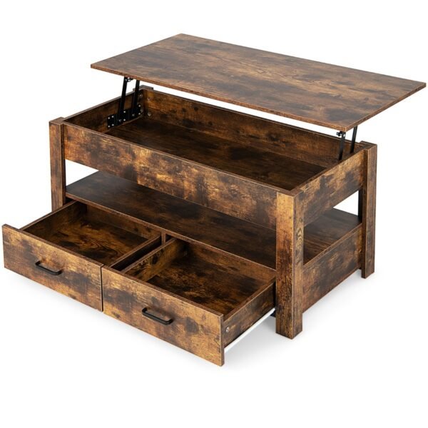 Mesa de centro com tampo elevável, compartimento fechado e gavetas.