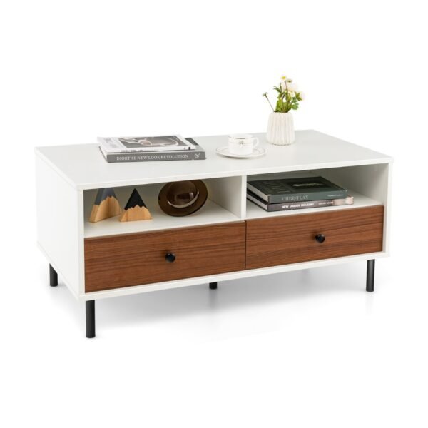 Mesa de centro com 2 gavetas e 2 prateleiras. Mesa retangular para sala de estar com espaço de armazenamento. Dimensões: 95 x 48 x 45 cm.