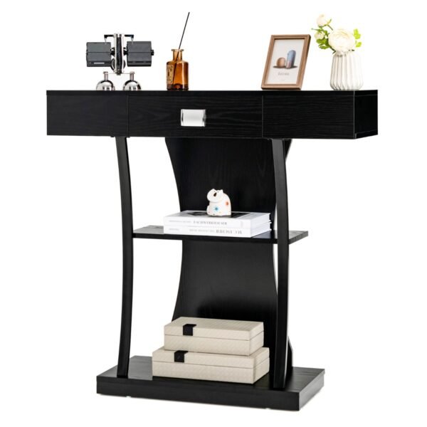 Mesa de console com gaveta e 2 prateleiras para hall de entrada e sala de estar - Preta