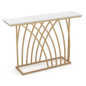 Mesa de console dourada de 48 polegadas com tampo em imitação de mármore branco - Branca