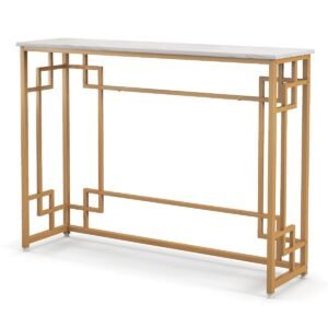 Mesa de consola moderna com estrutura geométrica e tampo em imitação de mármore - Branca