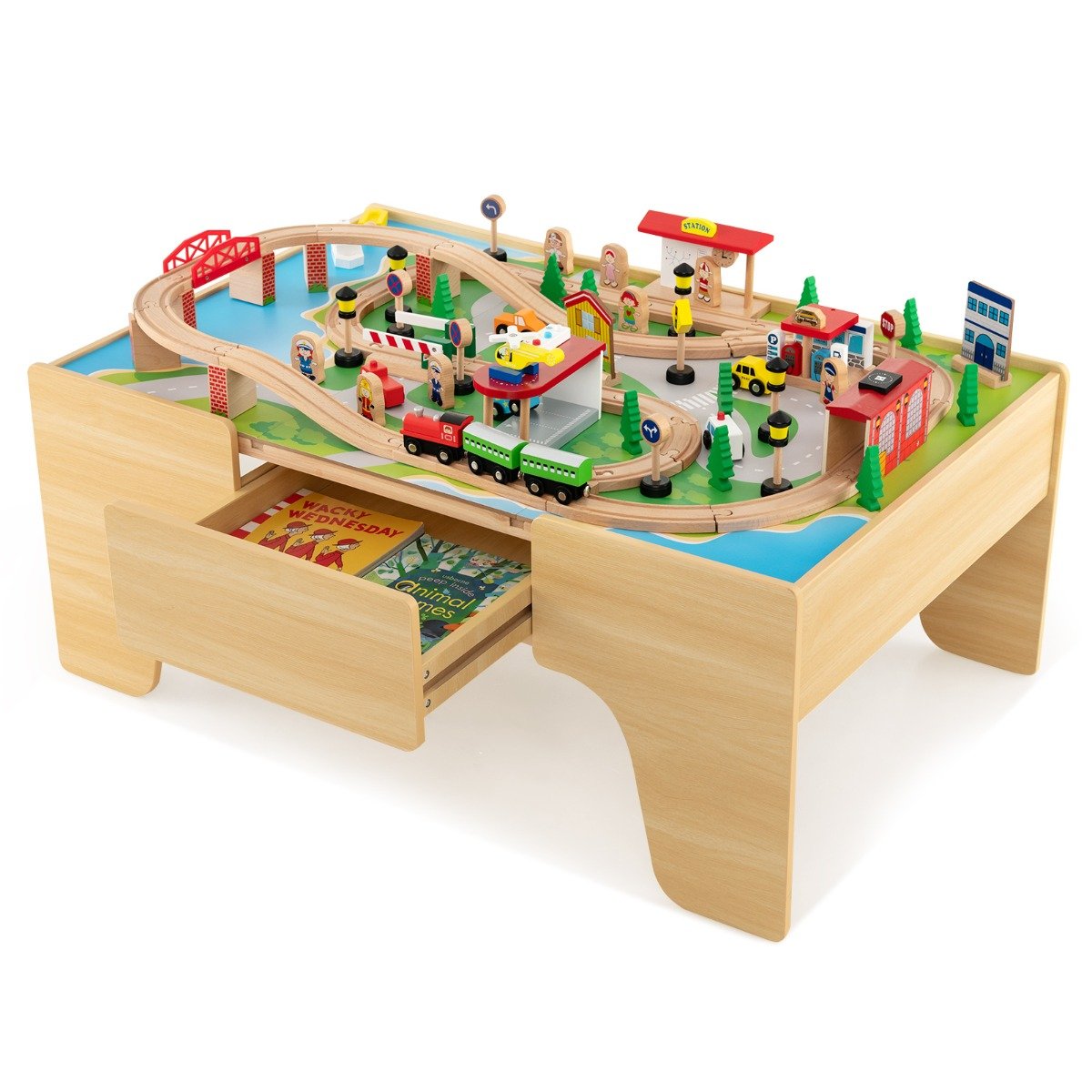 Conjunto de trem de madeira com 84 peças e tampo de mesa reversível e removível.
