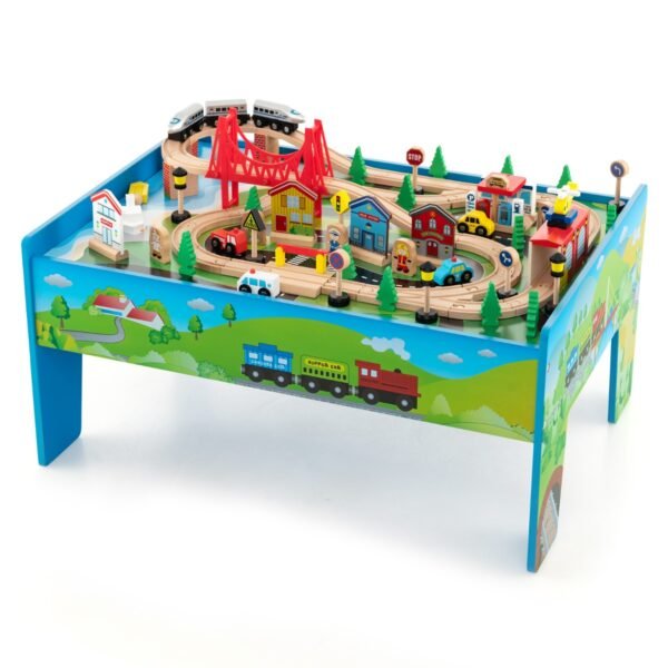 Conjunto de trem de madeira com 80 peças e mesa.