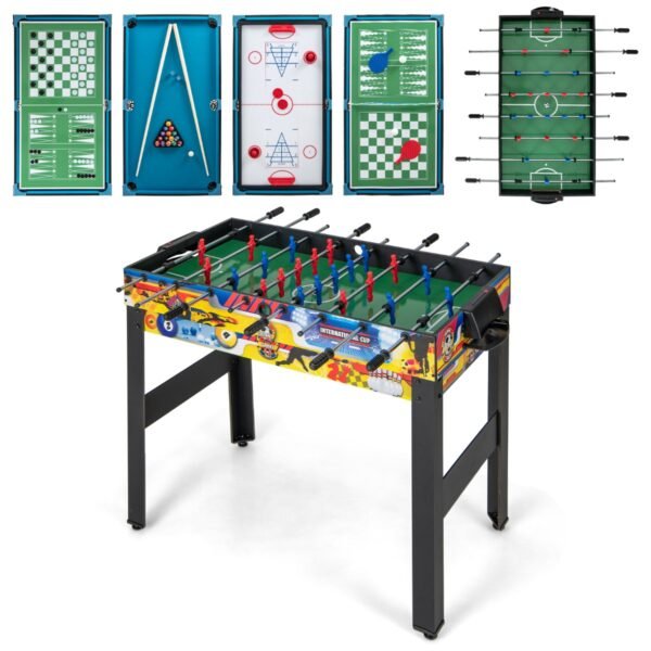 Conjunto de mesa de jogos combinada 12 em 1 com pebolim, air hockey, bilhar, xadrez e pingue-pongue.