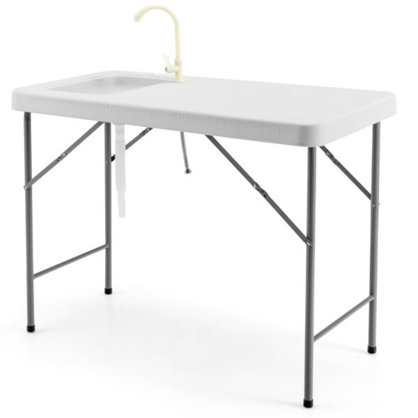 Mesa portátil para limpeza de peixes com pia, ideal para piqueniques e pesca.