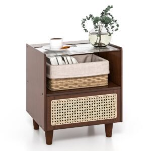 Mesa de cabeceira em rattan de bambu com gaveta e pés de madeira maciça - Marrom