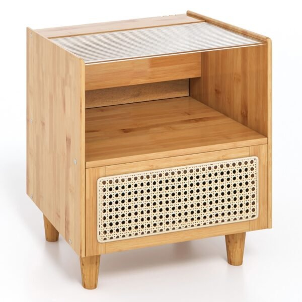 Mesa de cabeceira em rattan de bambu com gaveta e pés de madeira maciça - Cor natural