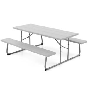 Conjunto de mesa de piquenique dobrável com estrutura de metal e tampo de HDPE resistente às intempéries, com orifício para guarda-sol - Cinza