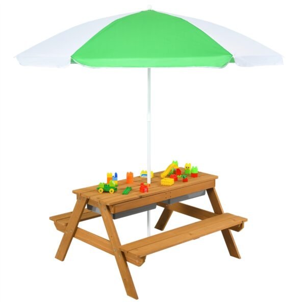 Mesa de piquenique infantil 3 em 1 com água e areia, guarda-sol e caixas de brincar.