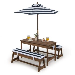 Conjunto de mesa e banco infantil com guarda-chuva e almofadas para atividades internas e externas - marrom