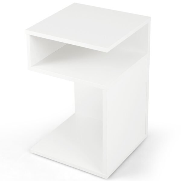 Mesa lateral em formato de S com estrutura exclusiva em formato de S e 2 compartimentos abertos - Branca