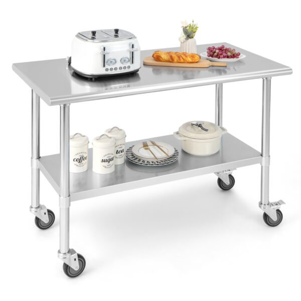 Carrinho de mesa em aço inoxidável de 122 x 61 cm com 4 rodízios universais para cozinha.