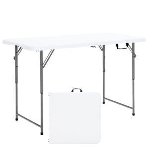 Mesa de camping portátil dobrável de 120 cm com ajuste de altura em 3 níveis e capacidade de carga de 150 kg.