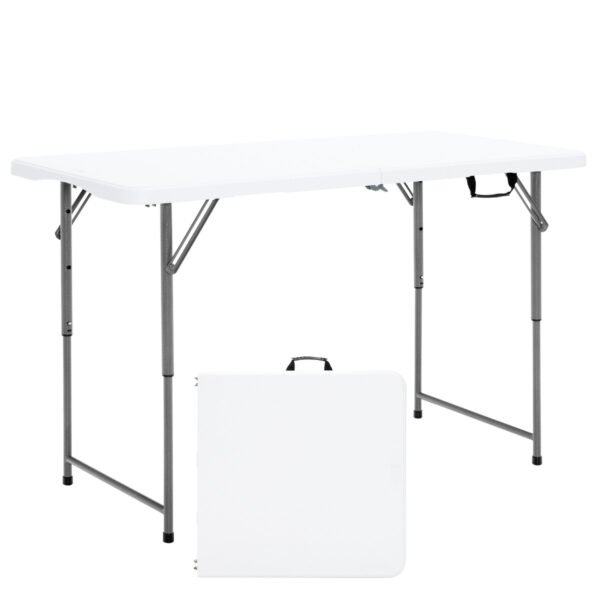 Mesa de camping portátil dobrável de 120 cm com ajuste de altura em 3 níveis e capacidade de carga de 150 kg.